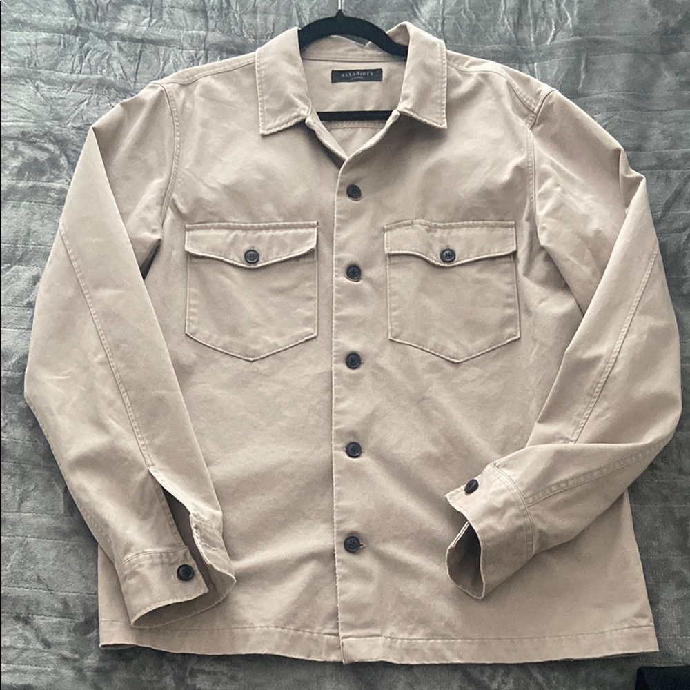 All Saints Men's Beige Buttoned Jacket Distressed Workman XXL Firebase LS Shirt